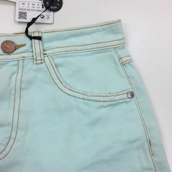 NWT ZARA Mint Green Distressed Raw Edge Hem High Rise Waist Denim Shorts - Picture 5 of 10